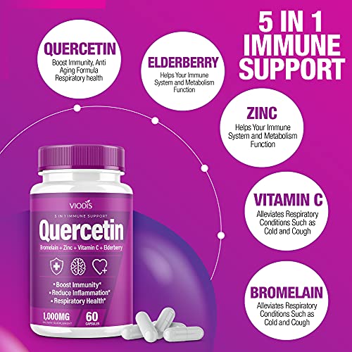 (2 Pack) Quercetin with Bromelain Vitamin C Zinc Elderberry 1000mg Immune System Booster, Lung Support Supplement for Adults Kids - Immunity Defense (120 Capsules)