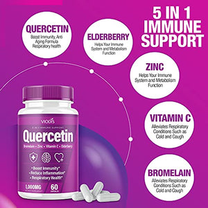 (2 Pack) Quercetin with Bromelain Vitamin C Zinc Elderberry 1000mg Immune System Booster, Lung Support Supplement for Adults Kids - Immunity Defense (120 Capsules)