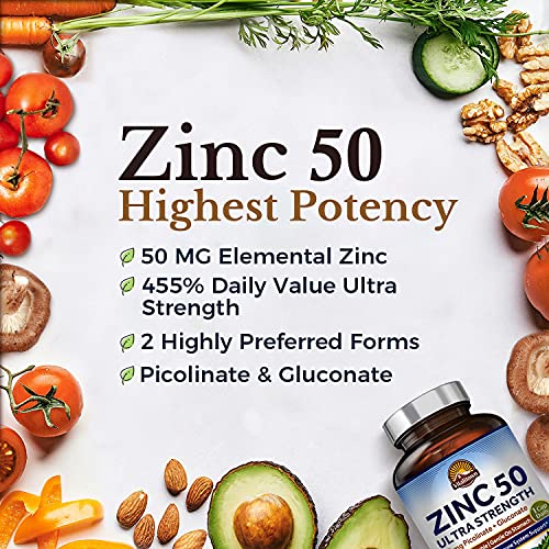 Vitalitown Zinc Picolinate & Gluconate 50 mg | 60 Veggie Capsules | 2 Forms of Chelated Zinc | Well-Absorbed | Immune System, Healthy Skin, Growth & Development | Vegan, NO Gluten NO Dairy, Non-GMO