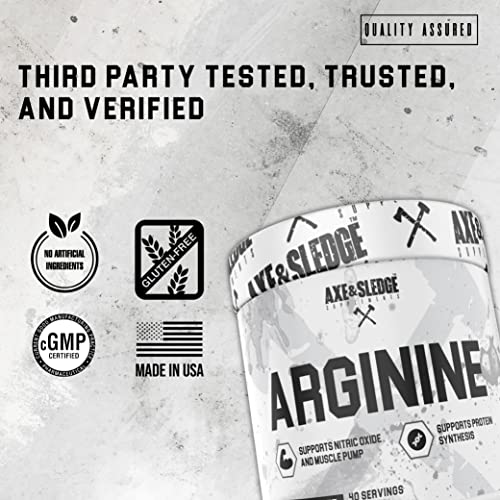 Axe & Sledge Supplements Arginine Basics Powder, Supports Pumps, Performance, Nitric Oxide Production, and Cardiovascular Health, Unflavored, 40 Servings