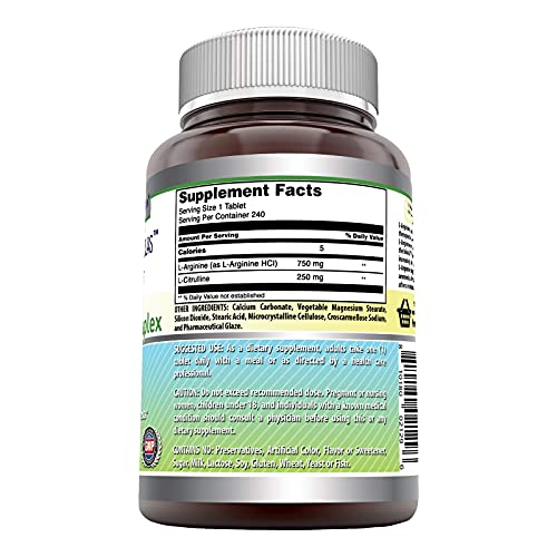 Amazing Nutrition L-Arginine/L-Citrulline Complex 1000 Mg* Combines Two Amino Acids with Potential Health Benefits * Ads to Improve Athletic Performance (240 Tablets) (Non-GMO,Gluten Free)