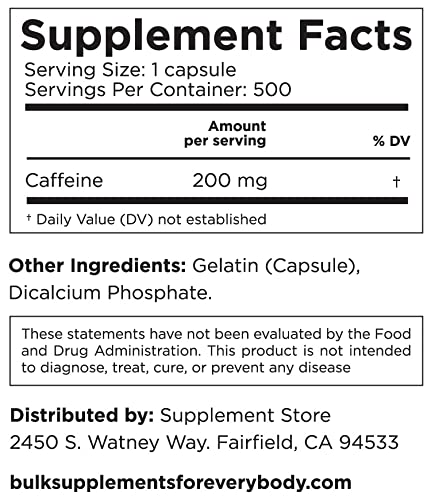Supplement Store Caffeine Pills 200mg, 500 Capsules, 500 Servings, Only 3.4 Cents per Pill, Buffered for Better Absorption, 500 Capsule