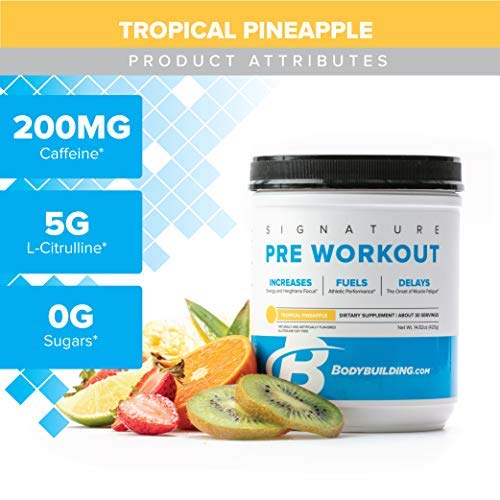 Bodybuilding Signature Pre Workout Powder | CARNOSYN, L-LEUCINE, L-CITRULLINE | Increases Focus, Fuels Performance | Tropical Pineapple, 30 Servings