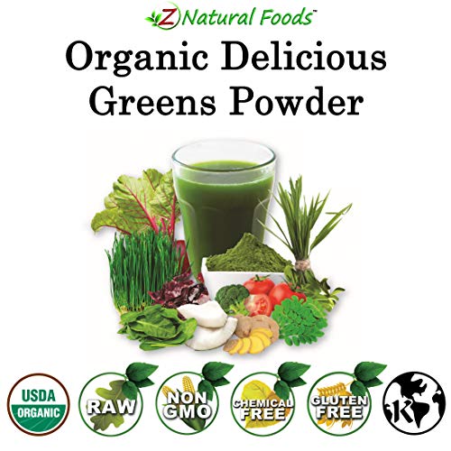 Organic Delicious Greens Superfood Powder - Barley Grass, Wheatgrass, Spirulina, Spinach, Broccoli, Coconut Milk, Ginger, Alfalfa Leaf, Beet Root, Tomato, Dulce & Moringa - Raw Vegan Gluten Free - 1lb