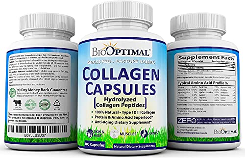 BioOptimal Collagen Pills - Collagen Supplements, 180 Capsules, for Skin, Hair, Nails & Joints, for Women & Men, Grass Fed, Non-GMO, Pasture Raised, Premium Quality