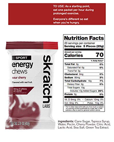 SKRATCH LABS Sport Energy Chews, Sour Cherry with Caffeine (10 Pack) - Developed for Athletes and Sports Performance, Gluten Free, Dairy Free, Vegan