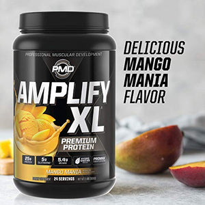 PMD Sports Amplify XL Premium Whey Protein Supplement Hydro Greens Blend - Glutamine and Whey Protein Matrix with Superfood for Muscle, Strength and Recovery - Mango Mania (24 Servings)
