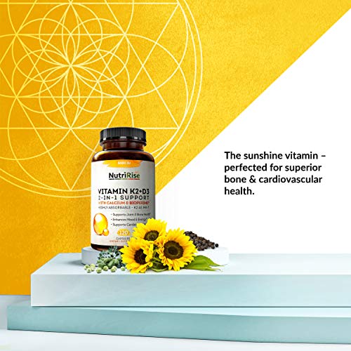 Vitamin K2 + D3 5000 IU Supplement with Calcium & BioPerine. Maximum Absorption. Supports Healthy Heart, Bones & Teeth. Powerful Immune System, Energy & Mood Enhancer. No Fillers, Gluten-Free Capsules