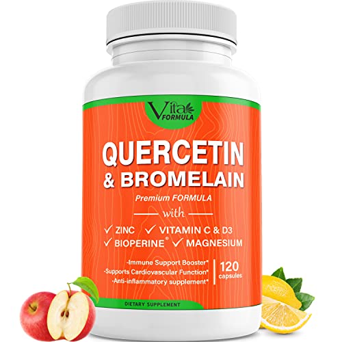 VITA FORMULA Quercetin with Bromelain Supplement, 500mg Vitamin C, Zinc, D3, Magnesium, BioPerine, Extra Strength Immune Support Joint and Respiratory Health Capsules, 120-Ct.