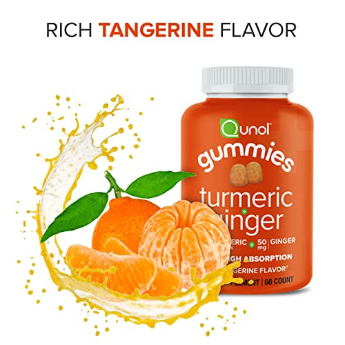 Qunol Turmeric Gummies with Ginger, Ultra High Absorption, 500 mg Turmeric Curcumin, 50mg Ginger Root, Tangerine Flavored Gummy Supplement, Helps Support an Active Lifestyle, 60 count/30 Day Supply