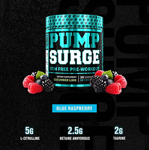 PUMPSURGE Caffeine Free Pump & Nootropic Pre Workout Supplement - Non Stimulant Preworkout Powder & Nitric Oxide Booster - 20 Servings, Blue Raspberry Flavor