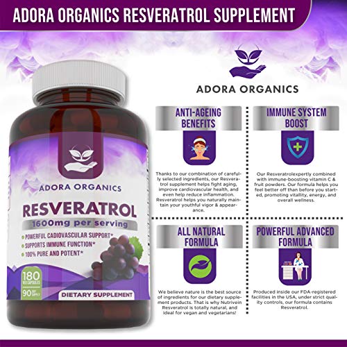 Adora Organics Resveratrol 1600mg, Trans-Resveratrol Antioxidant Supplement with Green Tea, Grape Seed Extract and Quercetin, Helps to Support Digestive Health and Immune System, 180 Capsules