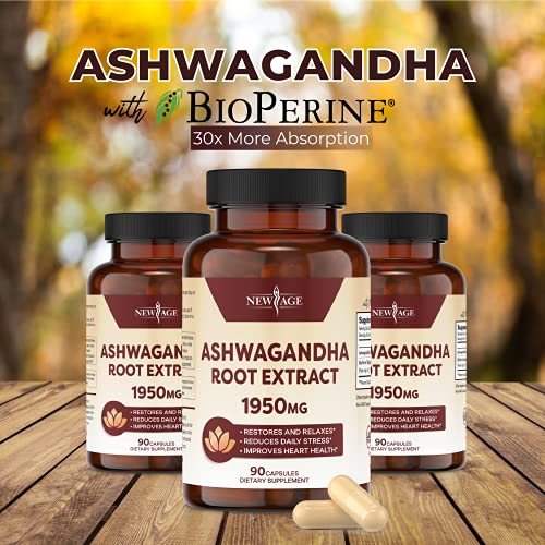 Ashwagandha 1950mg (2 Pack) - Ashwagandha Root Powder with BioPerine. Mood Support Supplement - 180 Veggie Capsules - New Age