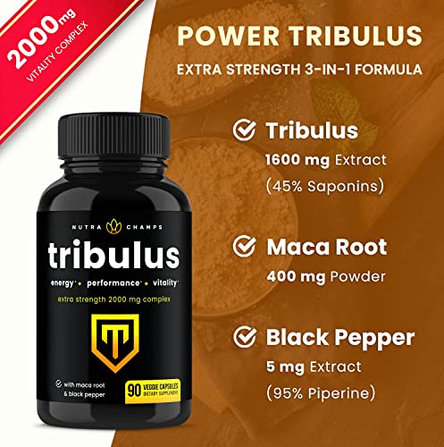 Tribulus Terrestris 2000mg Supplement | Extra Strength Saponins + Enhanced Absorption with Maca Powder & Black Pepper Extract | Tribulus Terrestris for Men & Women | 90 Vegan Capsules