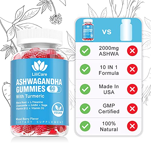 Ashwagandha Gummies, 2000mg Organic Ashwa Root Extract Supplement for Women & Men - 60 Count - Ashwagandha Blend Gummies Combination Supplements