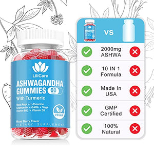 Ashwagandha Gummies, 2000mg Organic Ashwa Root Extract Supplement for Women & Men - 60 Count - Ashwagandha Blend Gummies Combination Supplements