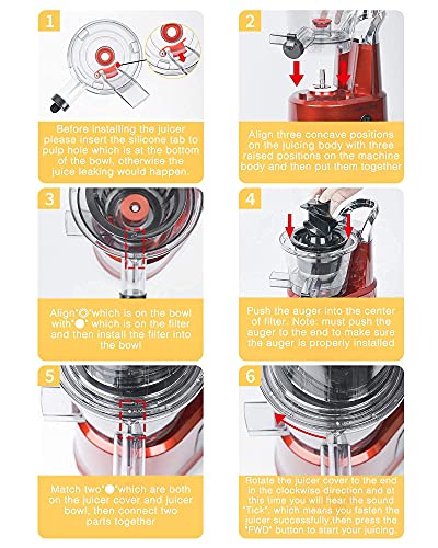 Slow Masticating Juicer, Slow Juicer with 3.2 Big Feed Chute for Whole Fruits Vegetables, Easy to Clean Cold Press Juicer Machine with 900 ml Juice Cup, Juicer Extractor BPA-Free (red)