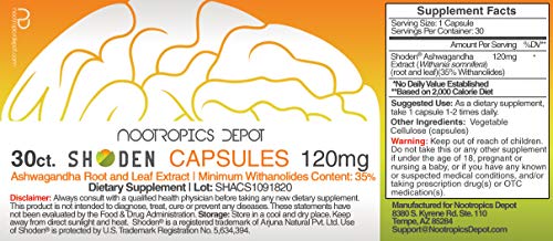 Shoden Ashwagandha Extract Capsules | 120mg | 30 Count | 35% Withanolides