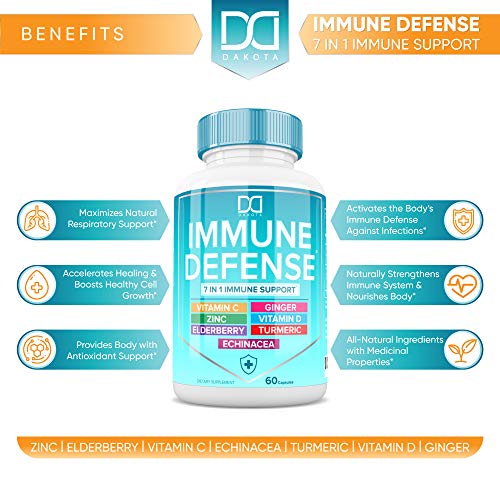 7 in 1 Immune Support Zinc Supplements 50mg Elderberry with Zink and Vitamin C, Vit D3 5000 IU, Echinacea, Turmeric Curcumin & Ginger Immunity Vitamins Booster - Natural Allergy Relief for Kids Adults