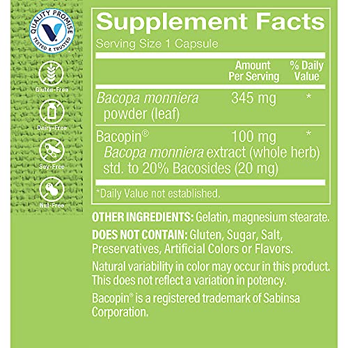 The Vitamin Shoppe Bacopa 500MG (Bacopa Monnieri), Clinically Studied Ingredient, Herbal Brain Support Supplement, Once Daily (100 Capsules)
