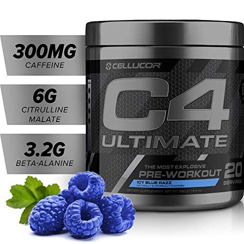 4 Ultimate Pre Workout Powder ICY Blue Razz - Sugar Free Preworkout Energy Supplement for Men & Women - 300mg Caffeine + Beta Alanine + Creatine - 20 Servings