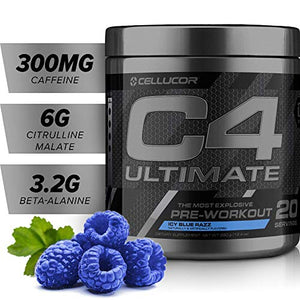 4 Ultimate Pre Workout Powder ICY Blue Razz - Sugar Free Preworkout Energy Supplement for Men & Women - 300mg Caffeine + Beta Alanine + Creatine - 20 Servings