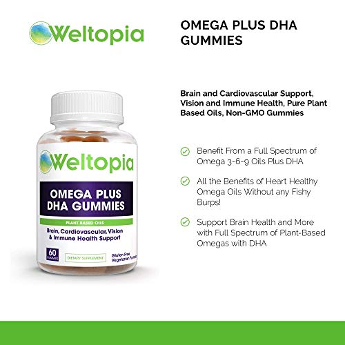 Weltopia - Premium Omega Plus DHA - 60 Gummies - Brain and Cardiovascular Support, Vision and Immune Health, Pure Plant Based Oils, Non-GMO Gummies