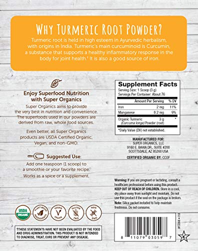 Super Organics Turmeric Root Powder | Good Source of Iron | Organic Superfood Powder | Raw Superfoods | Whole Food Supplement – Vegan, Gluten-Free & Non-GMO, 8 oz