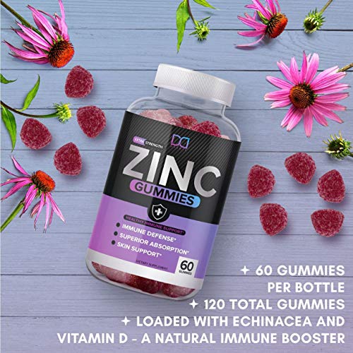 (120 Gummies) Zinc 50mg Supplements Chewable Gummies w Vitamin D3 Echinacea Vitamins for Adults Kids, Zinc Gummy Immune Support Alternative