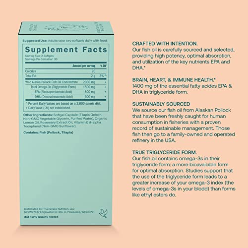 True Grace Omega-3 Fish Oil 2000mg Triglyceride Form Highly Concentrated EPA+DHA Brain, Heart, Joint & Immune Health Support Supplement-Wild-Caught, Molecularly Distilled,Purified,Non-GMO-60 Softgels