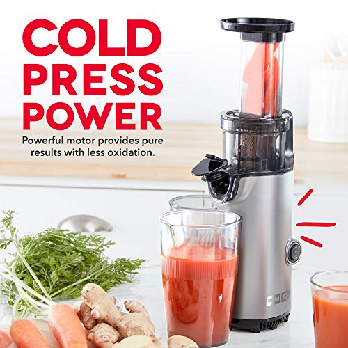 Dash Deluxe Compact Masticating Slow Juicer, Easy to Clean Cold Press Juicer with Brush, Pulp Measuring Cup, Frozen Attachment and Juice Recipe Guide - Graphite