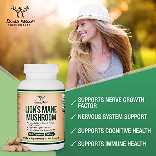 Lions Mane Mushroom Capsules (Two Month Supply - 120 Count) Vegan Supplement - Nootropic to Support Brain Health, Neuron Growth, and Immune System, Made in The USA by Double Wood