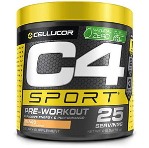 C4 Sport Pre Workout Powder Mango - Naturally Sweetened + Sugar Free Preworkout Energy Supplement for Men & Women - 135mg Caffeine + Creatine - 25 Servings