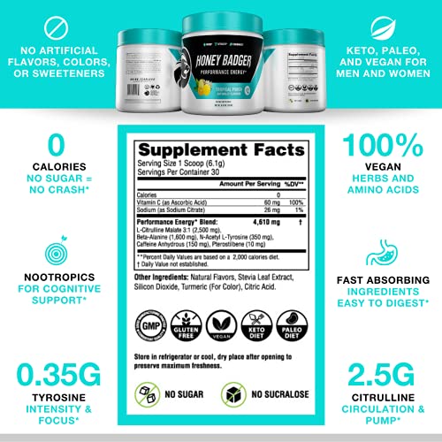 Honey Badger Pre Workout Powder | Vegan Keto Tropical Punch Preworkout | Natural Energy for Men & Women | Beta Alanine, Caffeine & Vitamin C for Immune Support | Sugar Free & Paleo | 30 Servings