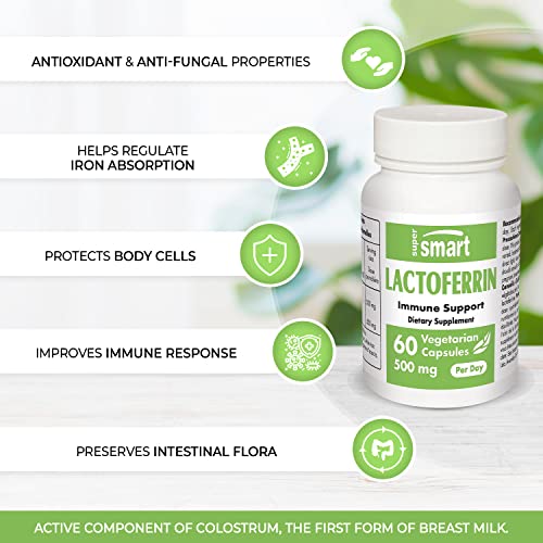 Supersmart - Lactoferrin 500 mg Per Day - Immune System Booster & Antioxidant Supplement - The Most Active Ingredients in Colostrum | Non-GMO & Gluten Free - 60 Vegetarian Capsules