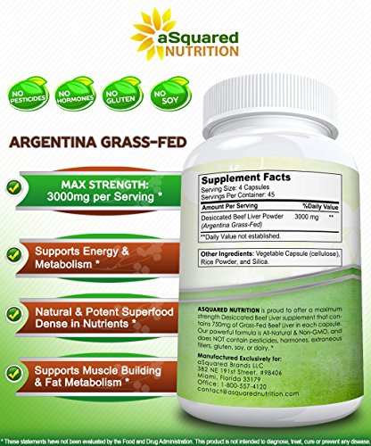 Grass Fed Beef Liver (Desiccated) - 180 Capsules - Argentine Pasture-Raised Beef Liver Pills - 3000mg Supplement Powder Per Serving - Natural Iron, B12, Vitamin A for Energy - Non-GMO