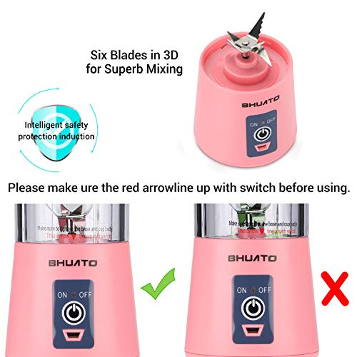 [Upgraded Version] USB Juicer Cup by BHUATO, Portable Juice Blender, Household Fruit Mixer - Six Blades in 3D, 380ml Fruit Mixing Machine for Superb Mixing (Pink)…