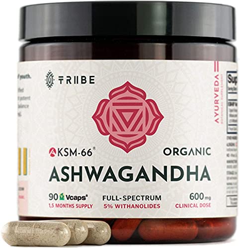 Tribe Organics, 600mg KSM-66 Ashwagandha Root Extract Powder Ayurvedic Herb for Mood Support, Increase Energy, Strength - Organic, Natural, Gluten Free, Non GMO, Full-Spectrum - 90 Capsules