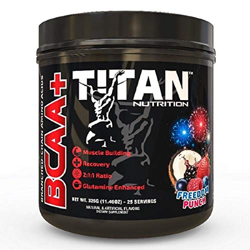 Titan BCAA+ Powder - Branched-Chain Amino Acid + Glutamine - Build Lean Muscle, Increase Muscle Mass, Aid Recovery - BCAA Ratio 2:1:1 - No Gluten, Low-Carb - Vegan - 50 Servings - Freedom Punch