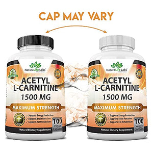 Acetyl L-Carnitine 1,500 mg High Potency Supports Natural Energy Production, Supports Memory/Focus - 100 Veggie Capsules