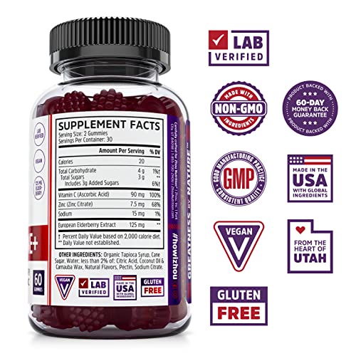 Zhou Nutrition Elder-Mune Sambucus Elderberry Gummies with Zinc and Vitamin C, Max Strength Immune Support Gummies with Antioxidants, Vegan, Gluten Free, Non-GMO, 30 Servings, 60 Gummies