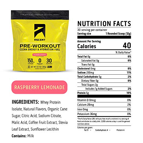 Ascent Pre Workout - Raspberry Lemonade (Tart) - New and Improved Taste - 30 Servings