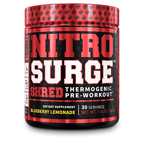 NITROSURGE Shred Pre Workout Supplement - Energy Booster, Instant Strength Gains, Sharp Focus, Powerful Pumps - Nitric Oxide Booster & PreWorkout Powder - 30Sv, Blueberry Lemonade