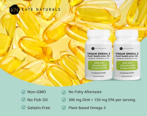 Vegan Omega-3 Softgels by Kate Naturals (2-Pack). Algal Oil Softgels to Support Brain Function & Cognition. Omega 3 Fish Oil Alternative. 300 DHA & 150 EPA. (2-Pack)