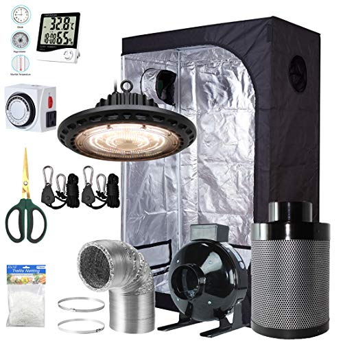 BloomGrow 300W Full Spectrum UFO LED Light + 36''x20''x63'' Grow Tent + 4'' Inline Fan Filter Duct Combo + Hangers + Hygrometer + Shears + 24-hour Timer + Trellis Netting Indoor Grow Tent Complete Kit