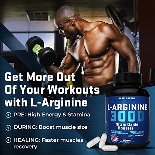 BASIC GREENS L Arginine | Premium L-Arginine Supplement for Men and Women with Nitric Oxide Booster, L-Arginine Workout - High Energy & Stamina, Boost Muscle Size, Faster Muscle Recovery