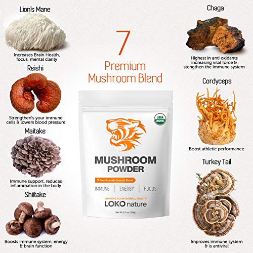 Tiger 7 Mushroom Extract Powder – Organic Superfood Mushroom Powder, Antioxidants, Immune System Booster, Brain Health, Powerful Natural Ingredients, Vegan, Dairy Free, Non-GMO, 3.5oz (100g)