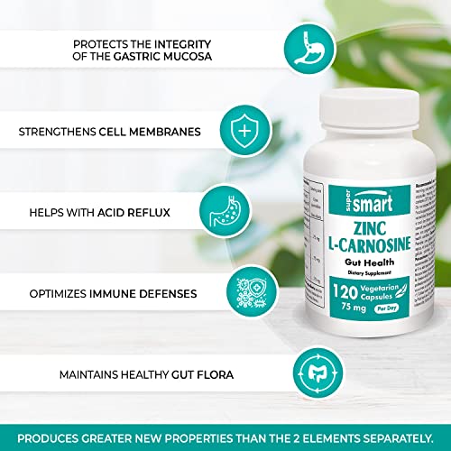 Supersmart - Zinc L-Carnosine 75 mg Per Day - Gut Health & Anti Inflammatory Supplement - Help Reduce Acid Reflux | Non-GMO & Gluten Free - 120 Vegetarian Capsules