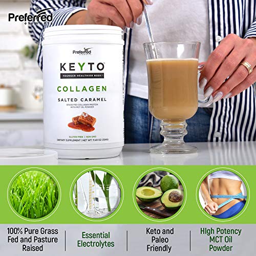 Keto Collagen Protein Powder with MCT Oil – Keto and Paleo Friendly Pure Grass Fed Pasture Raised Hydrolyzed Collagen Peptides Keyto Salted Caramel Flavor