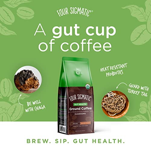Four Sigma Foods Mushroom Ground Coffee with Probiotics, Organic and Fair Trade Coffee with Turkey Tail, Chaga, prebiotics, & CFU shelf-stable, heat resistant probiotics, Immune Support, 12 Oz